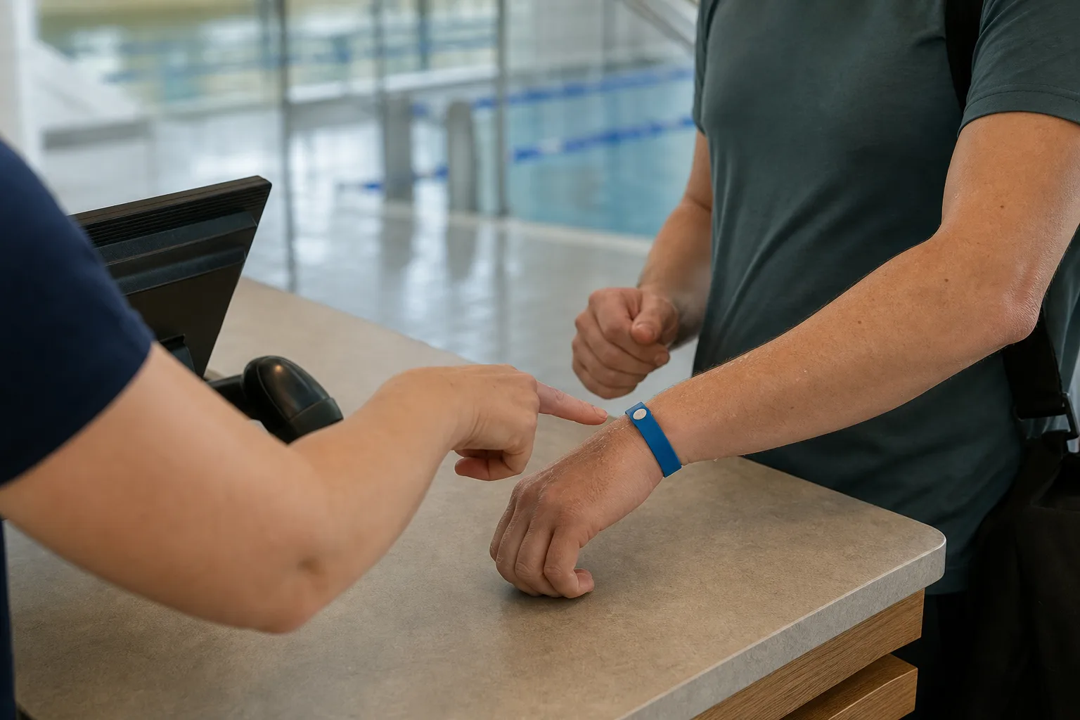 Armband kontrolleras vid entrén till en simhall.