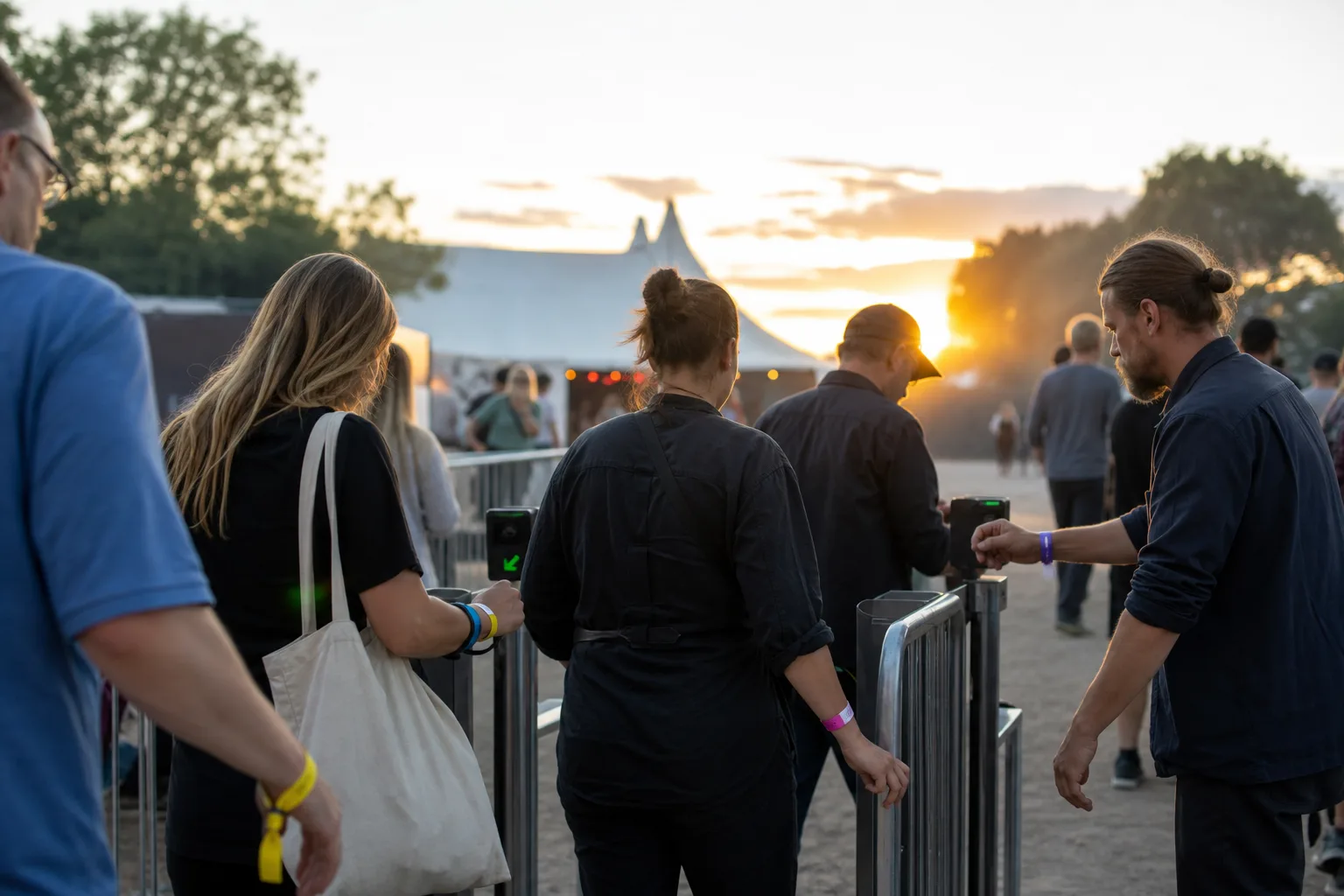 Besökare med olika entréarmband vid en festivalgrind.