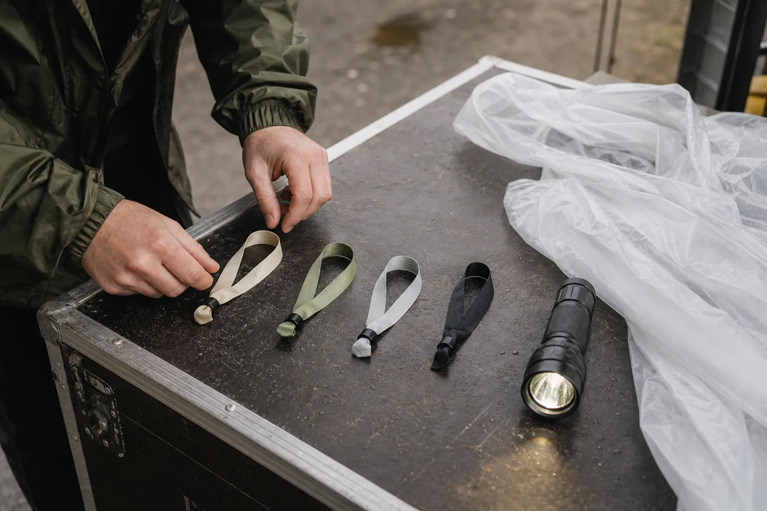 Olika armbandsmaterial på ett festivalproduktionsbord.