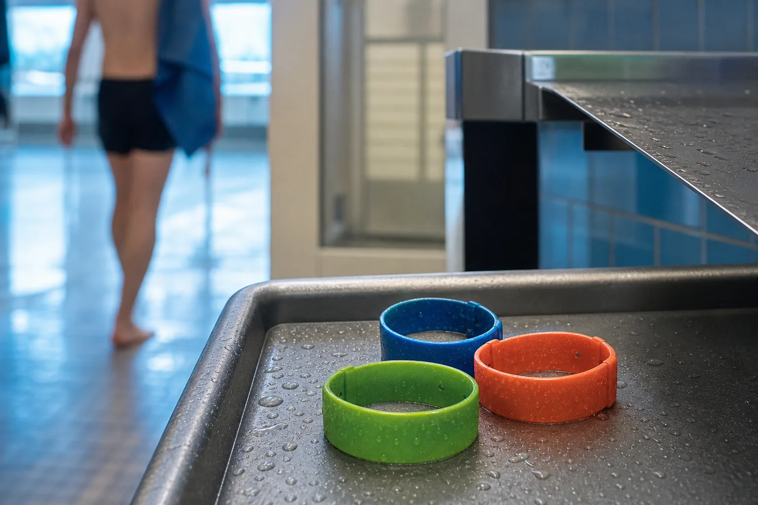 Färgade vattenresistenta armband vid en simhallskassa.