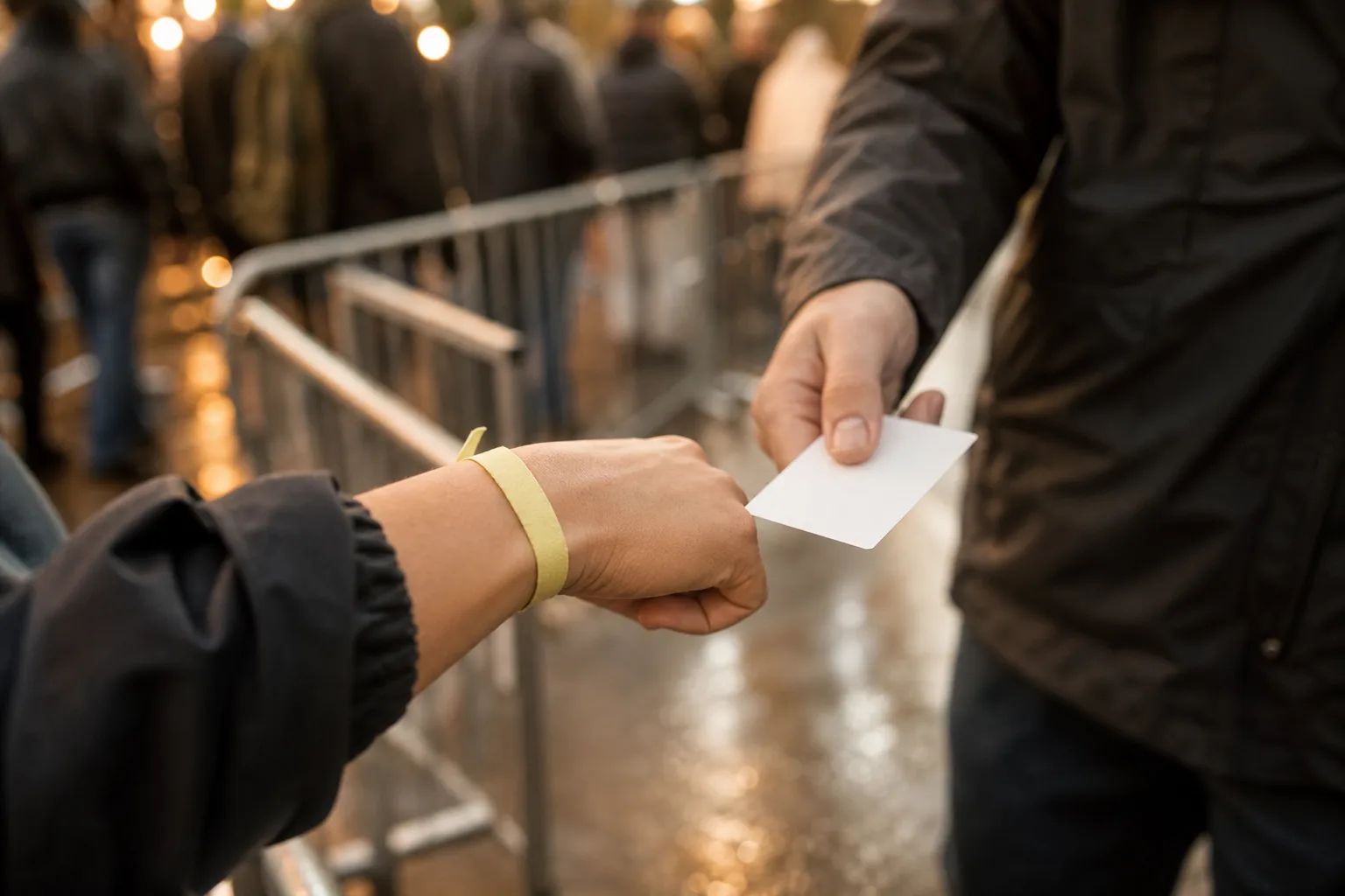 Armband och biljett visas vid en upplyst eventgrind.
