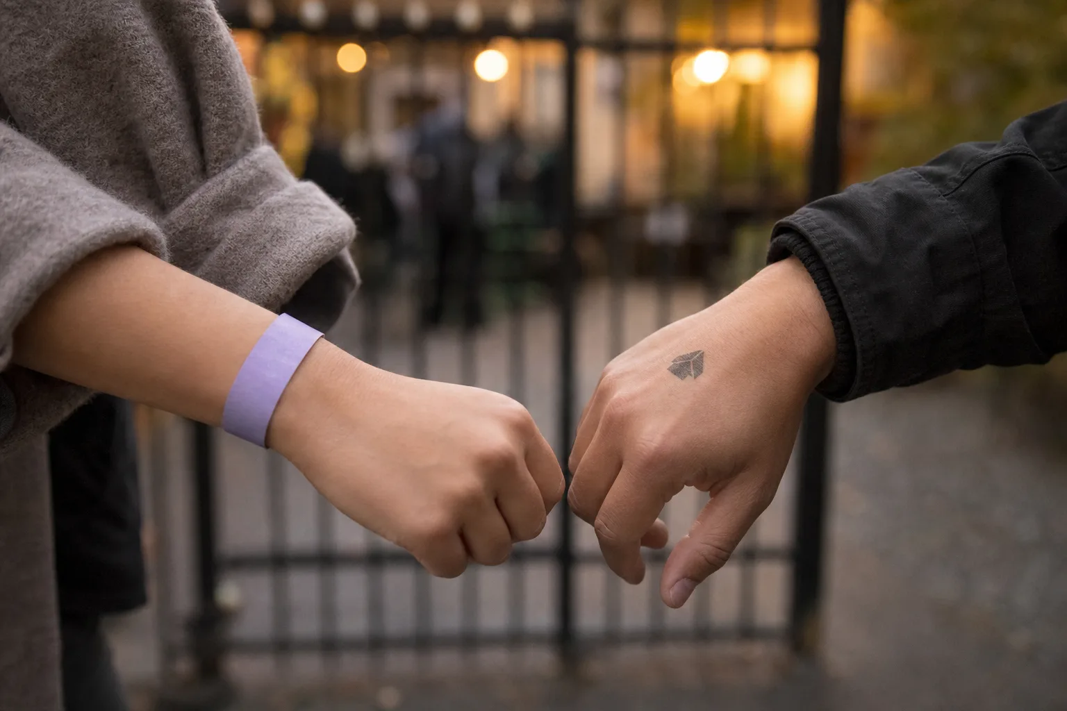Armband och abstrakt handstämpel vid en evententré.