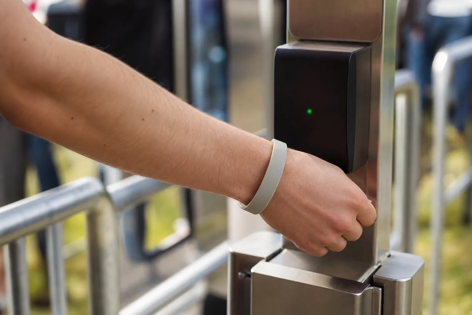 Silikonarmband hålls nära en RFID-läsare vid en grind.