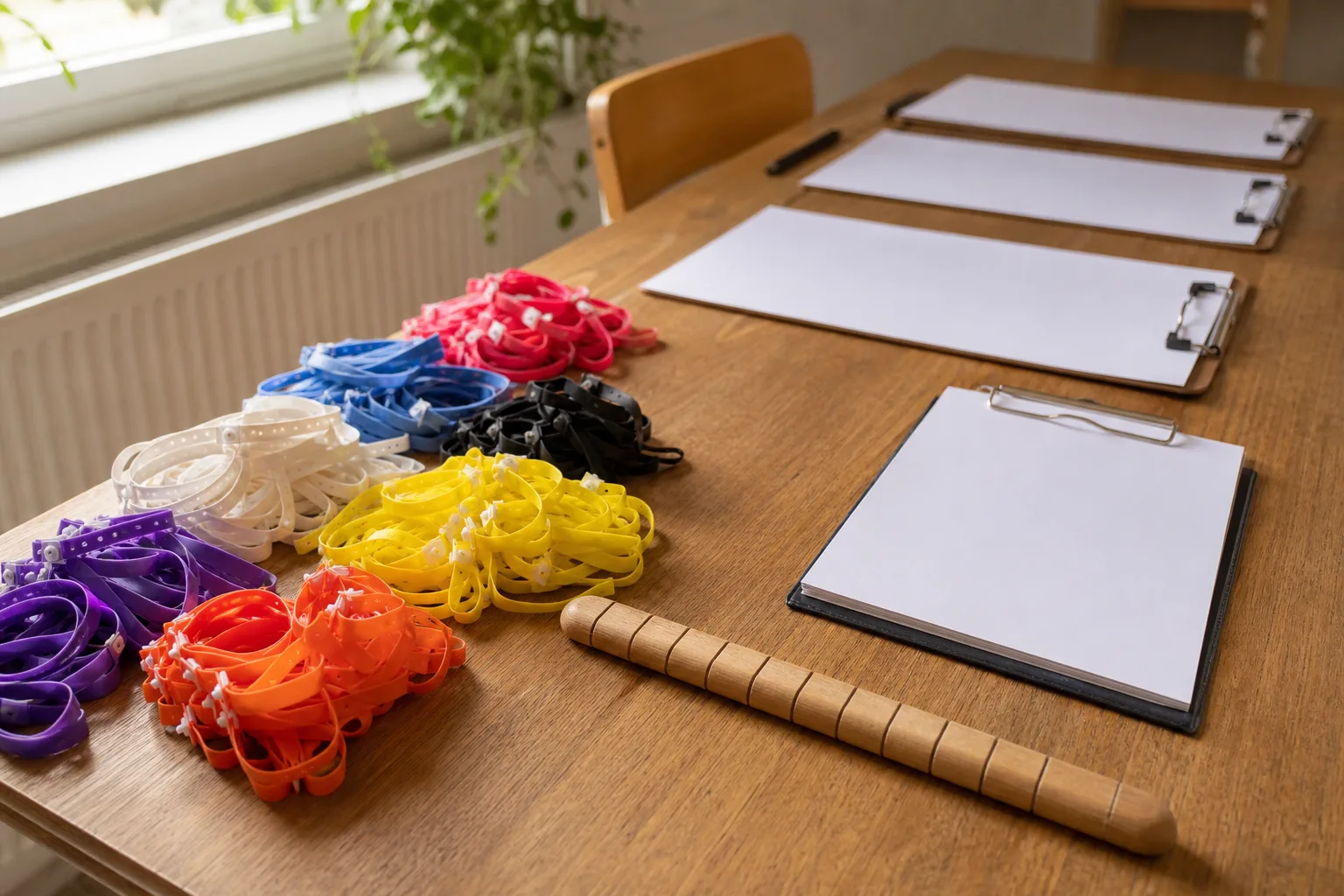 Buntar av färgade armband ordnade på ett arrangörsbord.