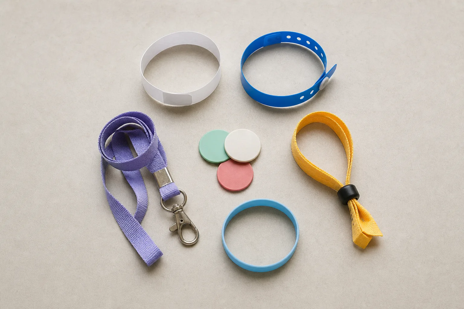 Olika typer av armband, lanyard och polletter på ljus bakgrund.