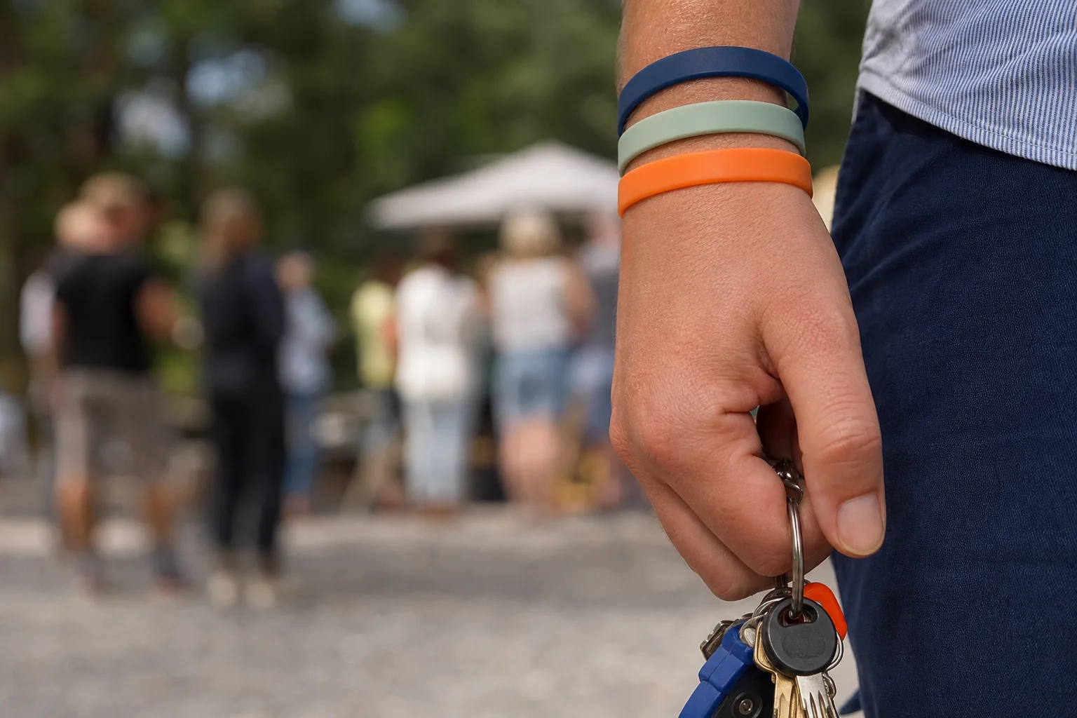 Tre silikonarmband på en hand vid ett utomhusevent.