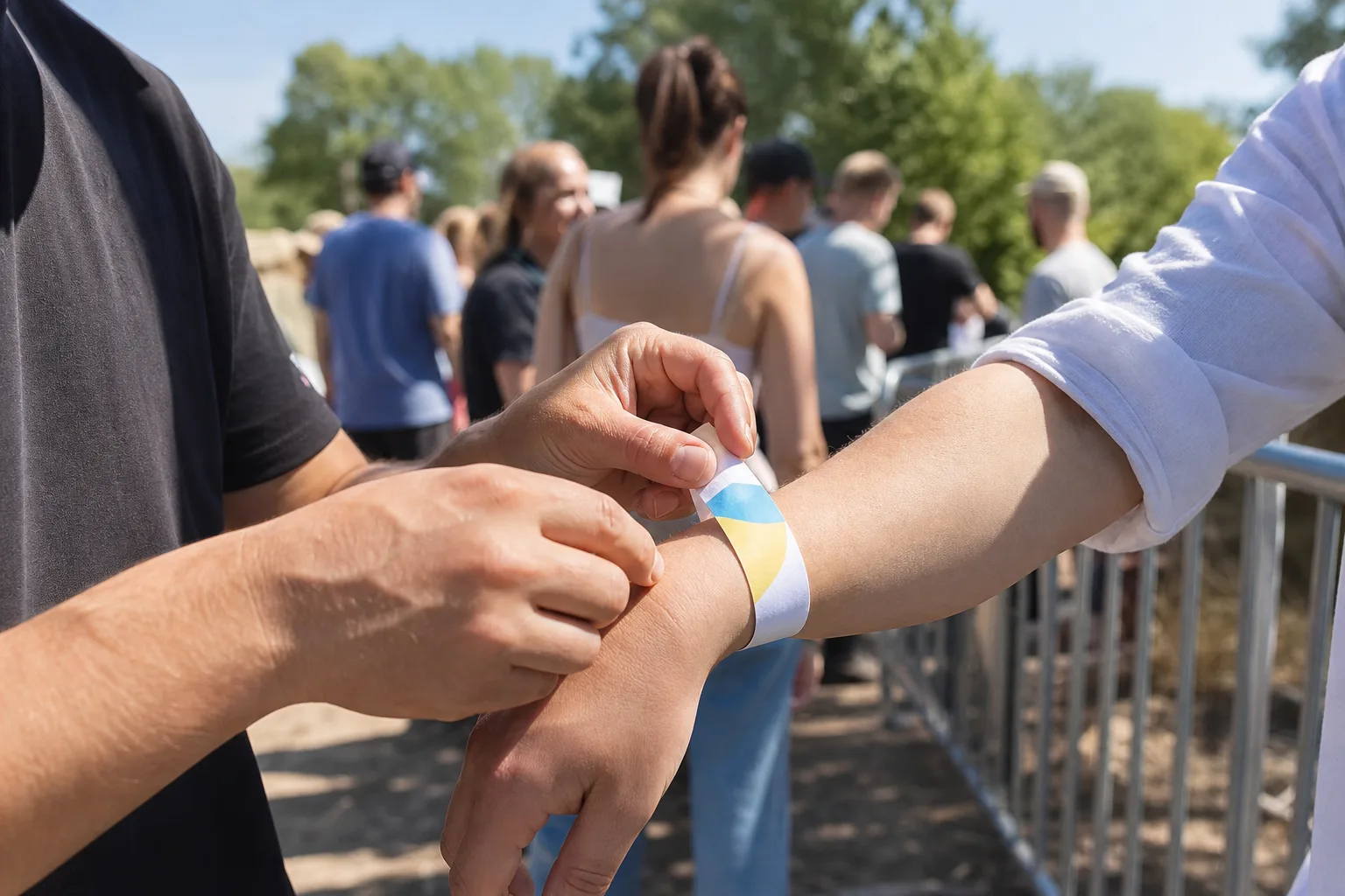 Ett Tyvekarmband fästs på en handled vid festivalentrén.
