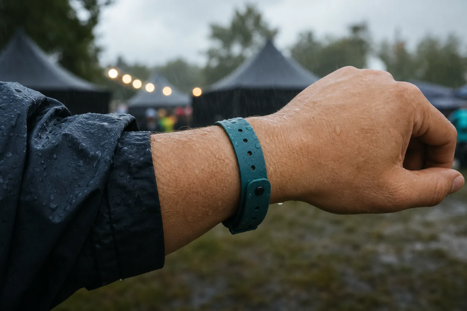 Vinylarmband med lås på en handled i regn.