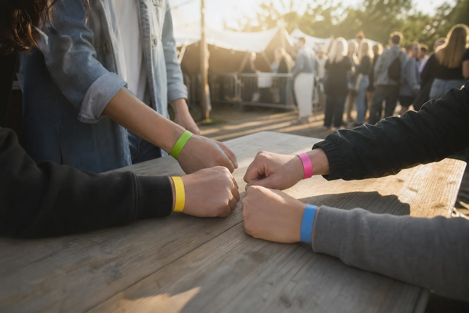 Händer med färgade entréarmband vid en festivalentré.