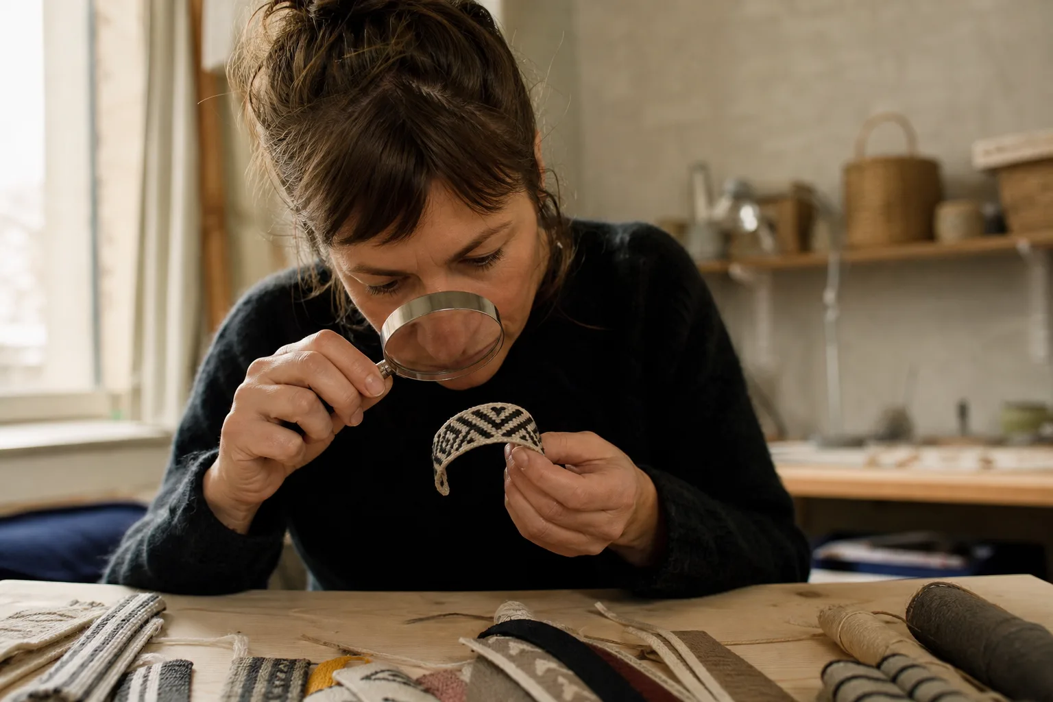 Designer granskar ett vävt armband med förstoringsglas.
